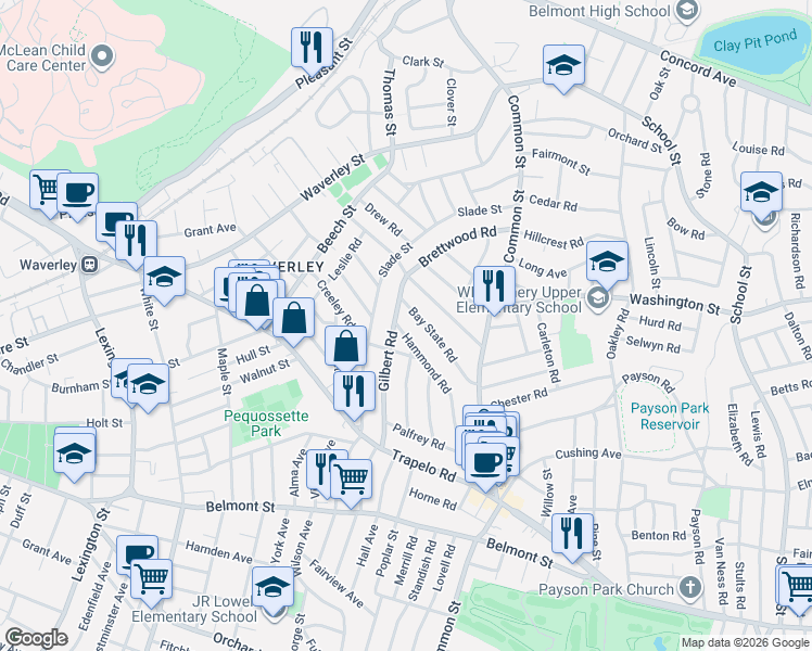 map of restaurants, bars, coffee shops, grocery stores, and more near 115 Hammond Road in Belmont