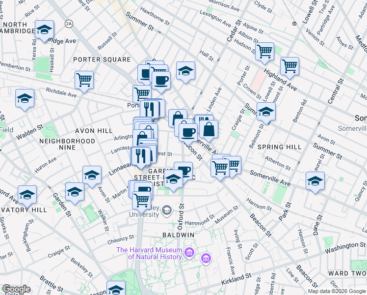 map of restaurants, bars, coffee shops, grocery stores, and more near 133 Oxford Street in Cambridge
