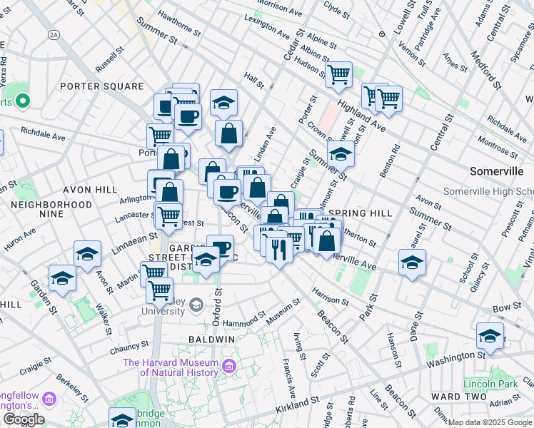 map of restaurants, bars, coffee shops, grocery stores, and more near 693 Somerville Avenue in Somerville