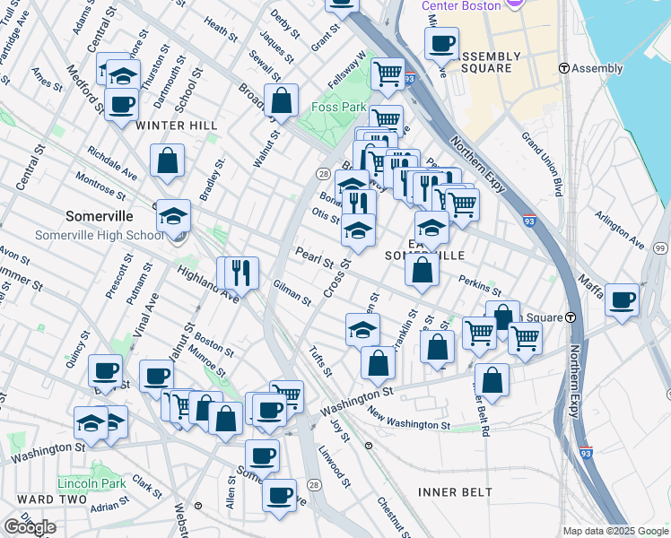map of restaurants, bars, coffee shops, grocery stores, and more near 76B Cross Street in Somerville