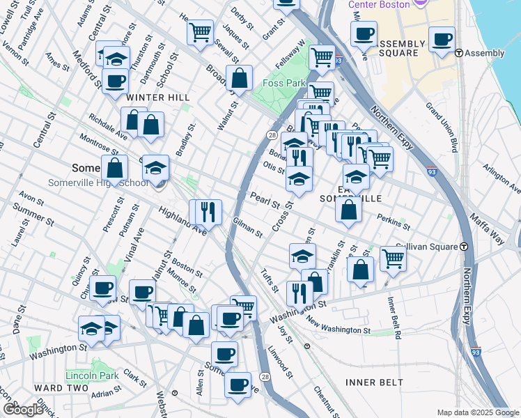 map of restaurants, bars, coffee shops, grocery stores, and more near 83 Flint Street in Somerville