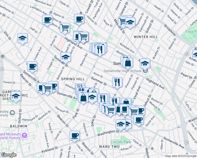 map of restaurants, bars, coffee shops, grocery stores, and more near in Somerville