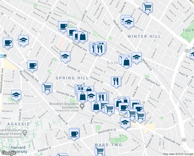 map of restaurants, bars, coffee shops, grocery stores, and more near in Somerville