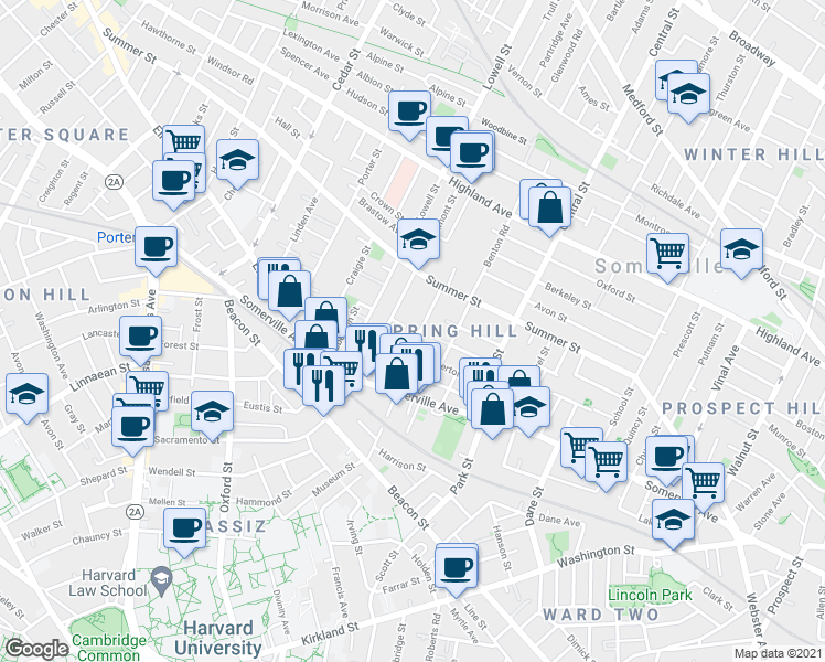 map of restaurants, bars, coffee shops, grocery stores, and more near 32 Spring Street in Somerville