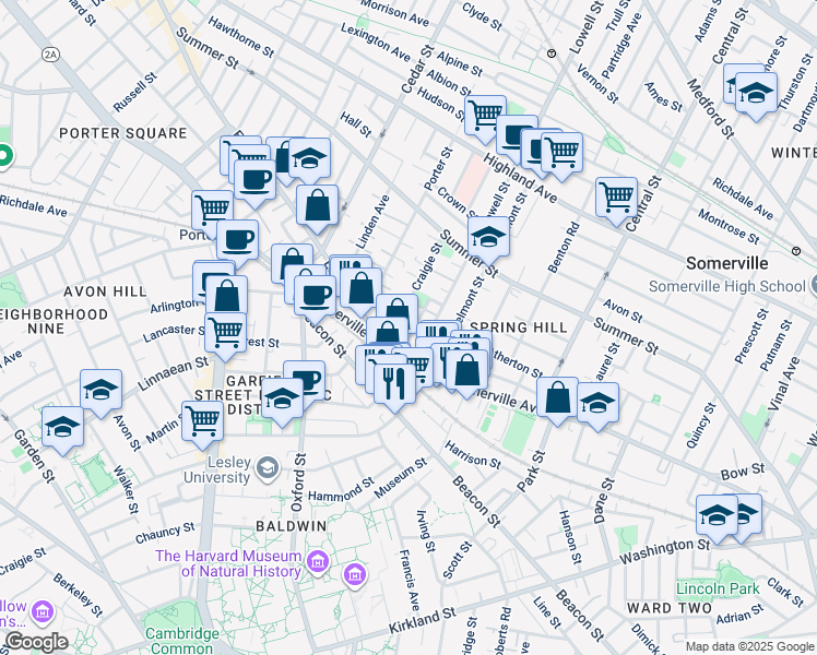 map of restaurants, bars, coffee shops, grocery stores, and more near 14 Ibbetson Street in Somerville