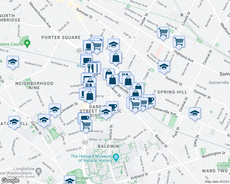 map of restaurants, bars, coffee shops, grocery stores, and more near 345 Beacon Street in Somerville