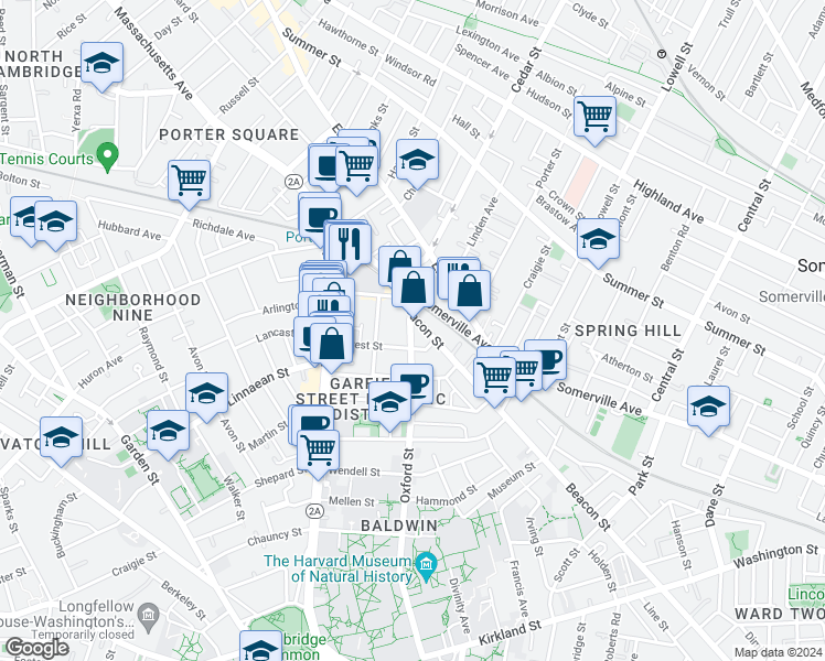 map of restaurants, bars, coffee shops, grocery stores, and more near 133 Oxford Street in Cambridge