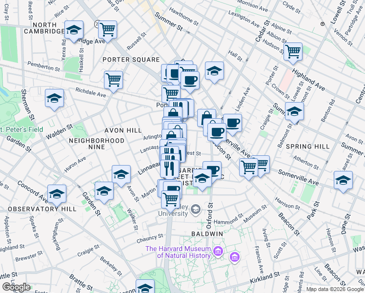 map of restaurants, bars, coffee shops, grocery stores, and more near 9 Forest Street in Cambridge