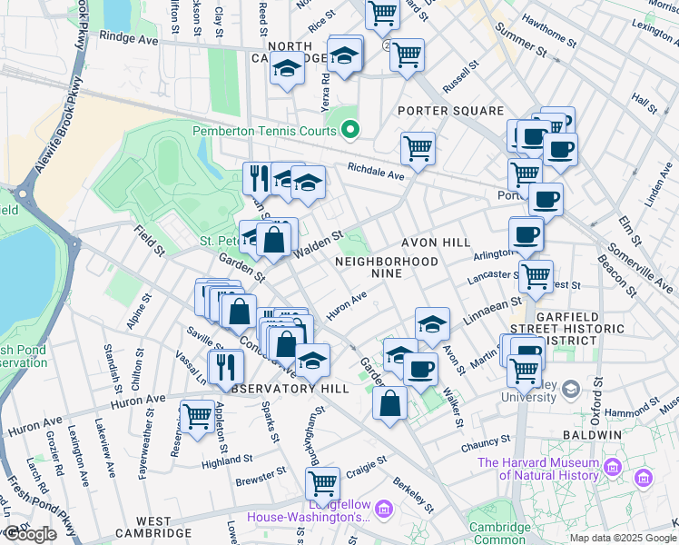 map of restaurants, bars, coffee shops, grocery stores, and more near 261 Upland Road in Cambridge