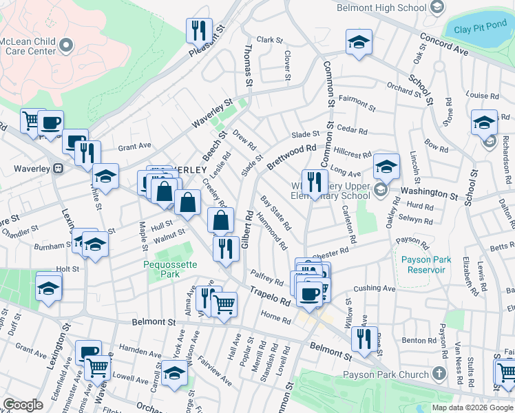 map of restaurants, bars, coffee shops, grocery stores, and more near 115 Hammond Road in Belmont