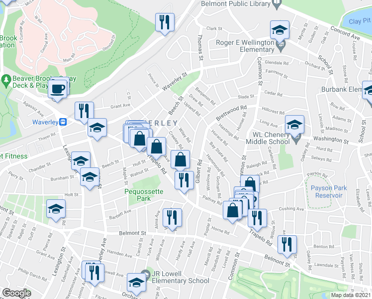 map of restaurants, bars, coffee shops, grocery stores, and more near 91-93 Slade Street in Belmont