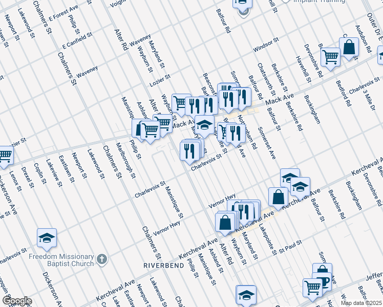 map of restaurants, bars, coffee shops, grocery stores, and more near 1431 Wayburn Street in Grosse Pointe