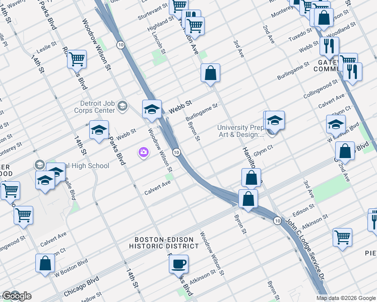 map of restaurants, bars, coffee shops, grocery stores, and more near 1486 Collingwood Street in Detroit