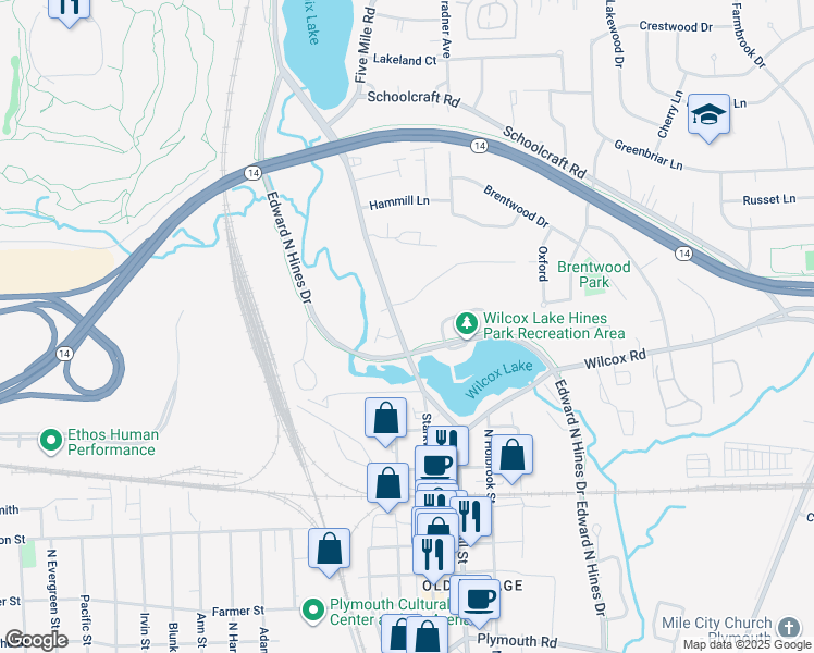 map of restaurants, bars, coffee shops, grocery stores, and more near 14272 Northville Road in Plymouth