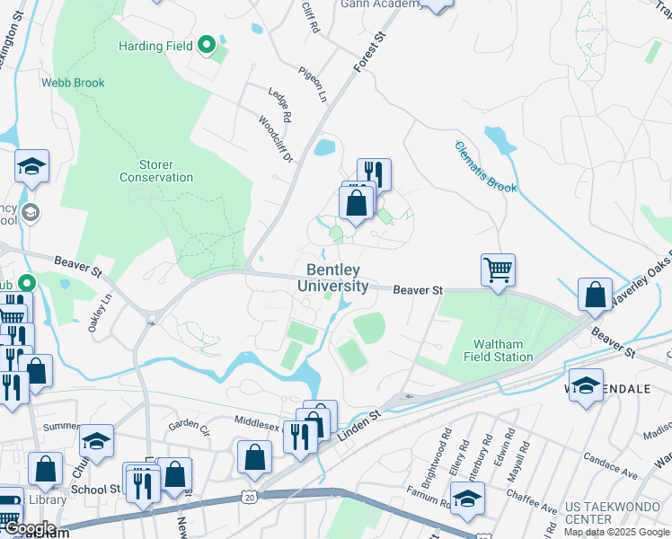 map of restaurants, bars, coffee shops, grocery stores, and more near 175 Forest Street in Waltham