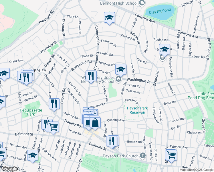 map of restaurants, bars, coffee shops, grocery stores, and more near 14 Branchaud Road in Belmont