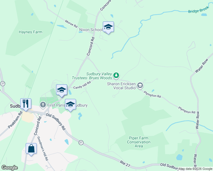 map of restaurants, bars, coffee shops, grocery stores, and more near 161 Plympton Road in Sudbury