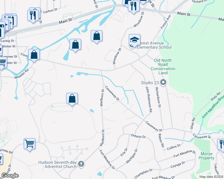 map of restaurants, bars, coffee shops, grocery stores, and more near 10 Causeway Street in Hudson
