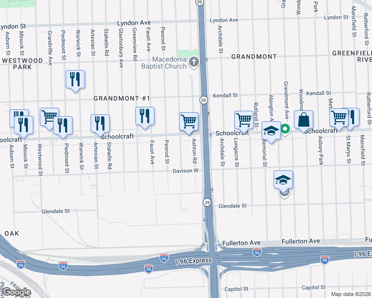 map of restaurants, bars, coffee shops, grocery stores, and more near 13575 Rosemont Avenue in Detroit