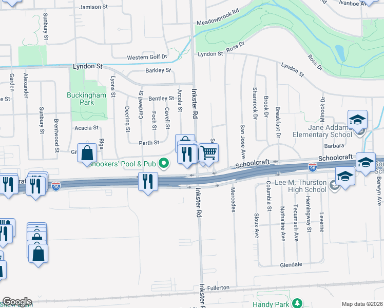 map of restaurants, bars, coffee shops, grocery stores, and more near 27407 Buckingham Street in Livonia