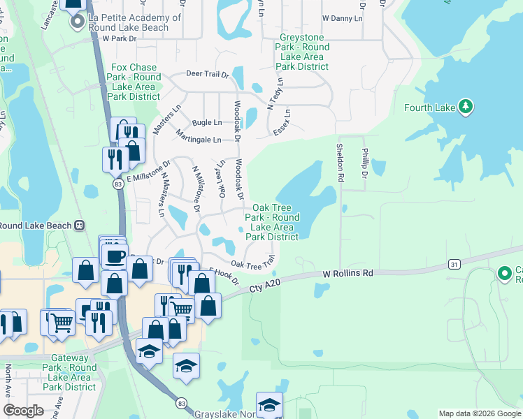 map of restaurants, bars, coffee shops, grocery stores, and more near 2087 Oak Tree Trail in Lake Villa