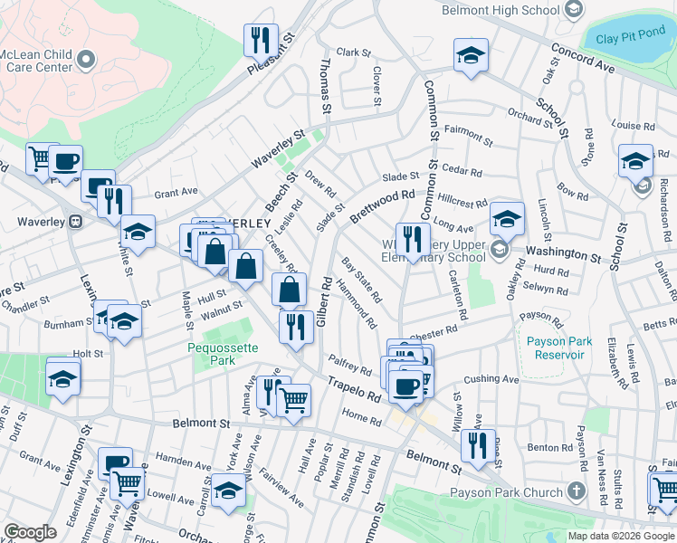 map of restaurants, bars, coffee shops, grocery stores, and more near 115 Hammond Road in Belmont
