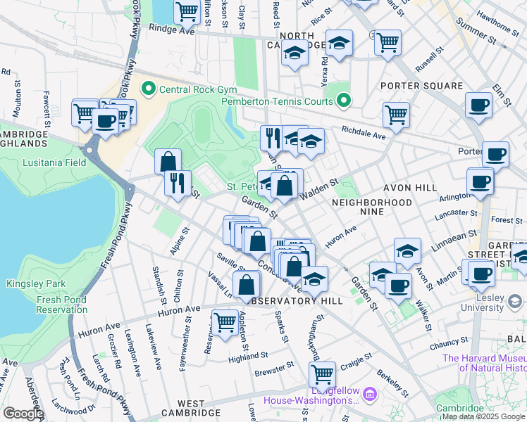 map of restaurants, bars, coffee shops, grocery stores, and more near 174 Garden Street in Cambridge