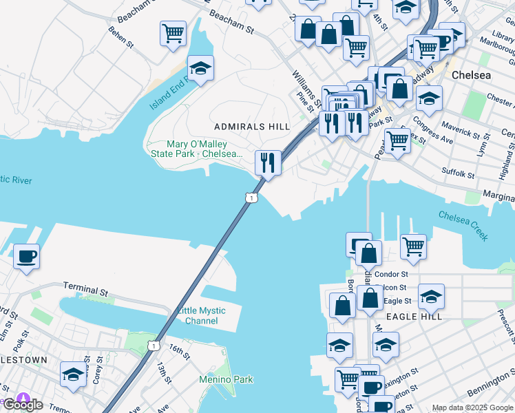 map of restaurants, bars, coffee shops, grocery stores, and more near 1 Broadway in Chelsea