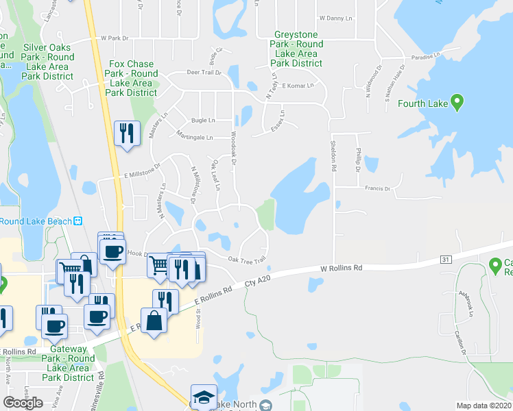 map of restaurants, bars, coffee shops, grocery stores, and more near 2087 Oak Tree Trail in Lake Villa
