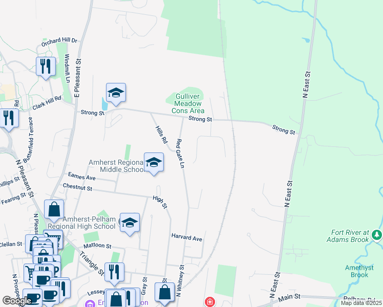 map of restaurants, bars, coffee shops, grocery stores, and more near 63 Maplewood Drive in Amherst