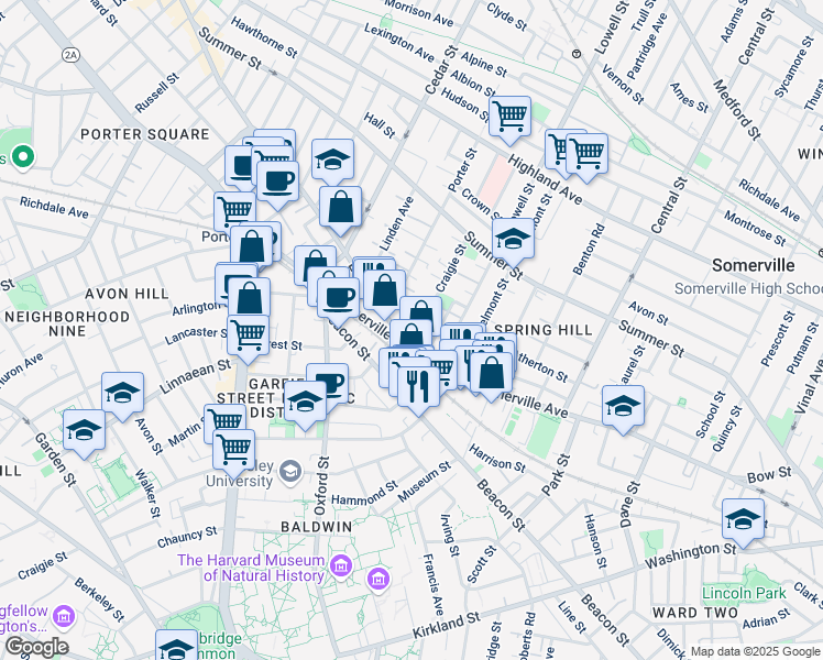 map of restaurants, bars, coffee shops, grocery stores, and more near 693 Somerville Avenue in Somerville