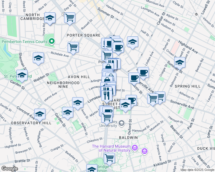 map of restaurants, bars, coffee shops, grocery stores, and more near 1768a Massachusetts Avenue in Cambridge