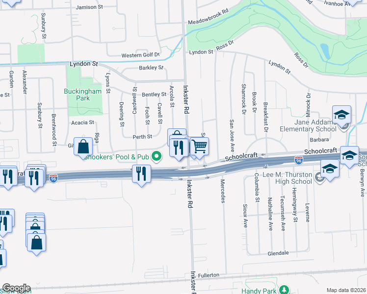 map of restaurants, bars, coffee shops, grocery stores, and more near 27407 Buckingham Street in Livonia