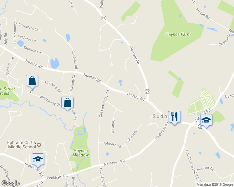 map of restaurants, bars, coffee shops, grocery stores, and more near 125 Hudson Road in Sudbury