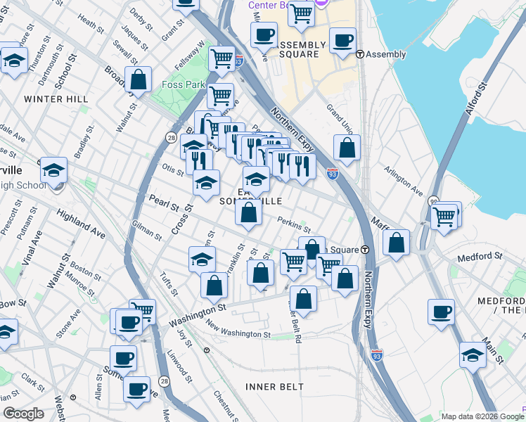 map of restaurants, bars, coffee shops, grocery stores, and more near 22 Franklin Street in Somerville