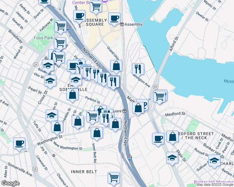 map of restaurants, bars, coffee shops, grocery stores, and more near 89 Brighton Street in Boston