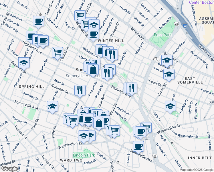 map of restaurants, bars, coffee shops, grocery stores, and more near 61 Putnam Street in Somerville