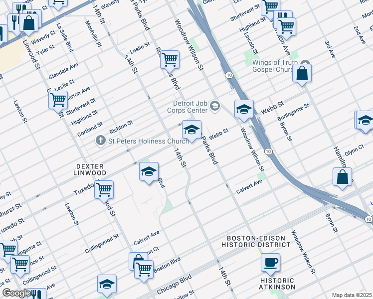 map of restaurants, bars, coffee shops, grocery stores, and more near 1981 Webb Street in Detroit
