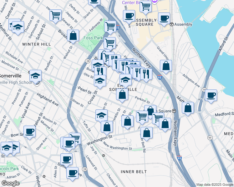 map of restaurants, bars, coffee shops, grocery stores, and more near 17 Webster Street in Somerville