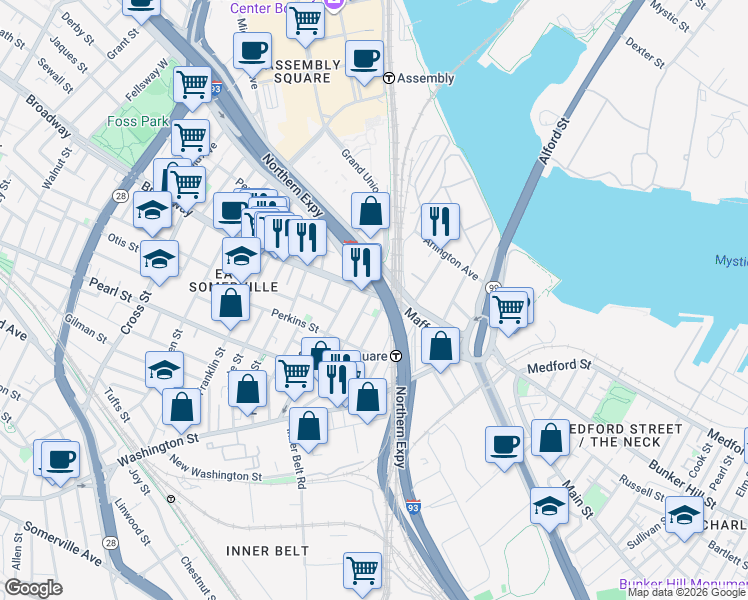 map of restaurants, bars, coffee shops, grocery stores, and more near 4 Broadway in Somerville