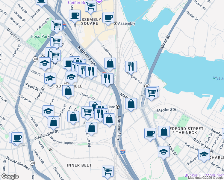 map of restaurants, bars, coffee shops, grocery stores, and more near 2 Broadway in Somerville