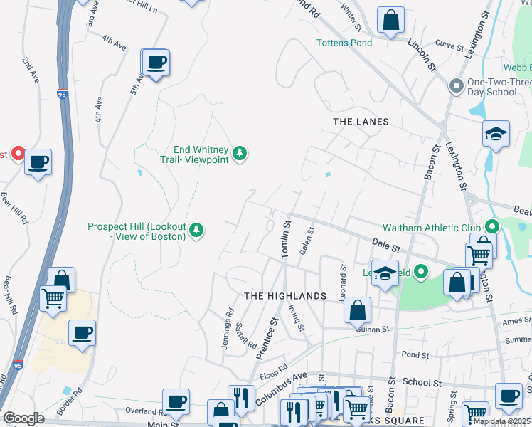 map of restaurants, bars, coffee shops, grocery stores, and more near 7 Totten Circle in Waltham