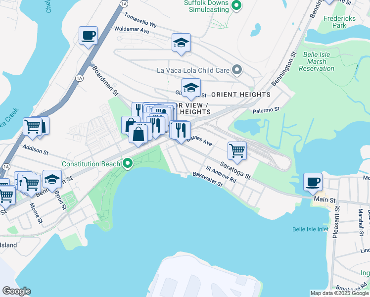 map of restaurants, bars, coffee shops, grocery stores, and more near 1047 Saratoga Street in Boston