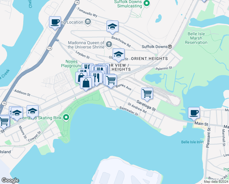 map of restaurants, bars, coffee shops, grocery stores, and more near 25 Bayswater Street in Boston
