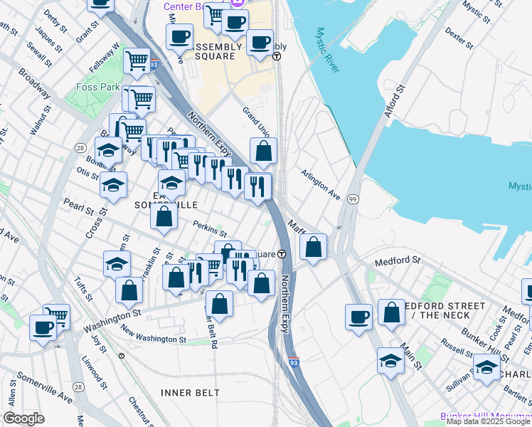 map of restaurants, bars, coffee shops, grocery stores, and more near 89 Brighton Street in Boston