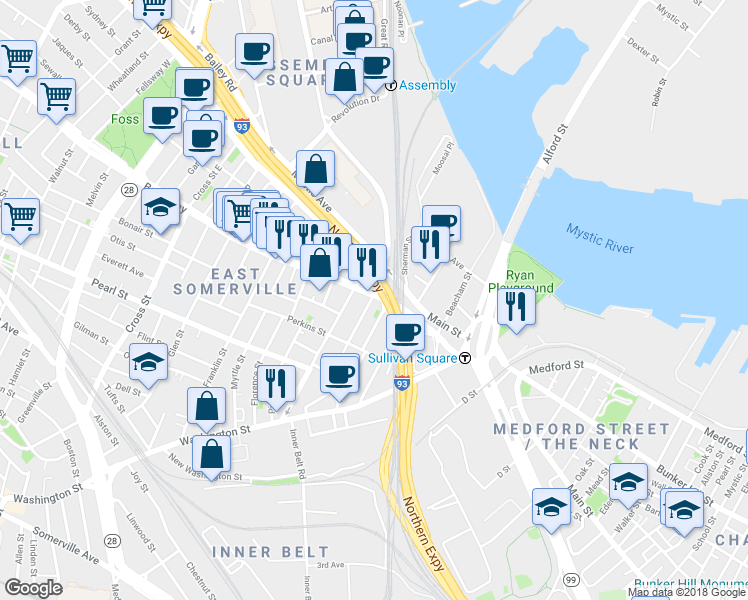 map of restaurants, bars, coffee shops, grocery stores, and more near 89 Brighton Street in Boston