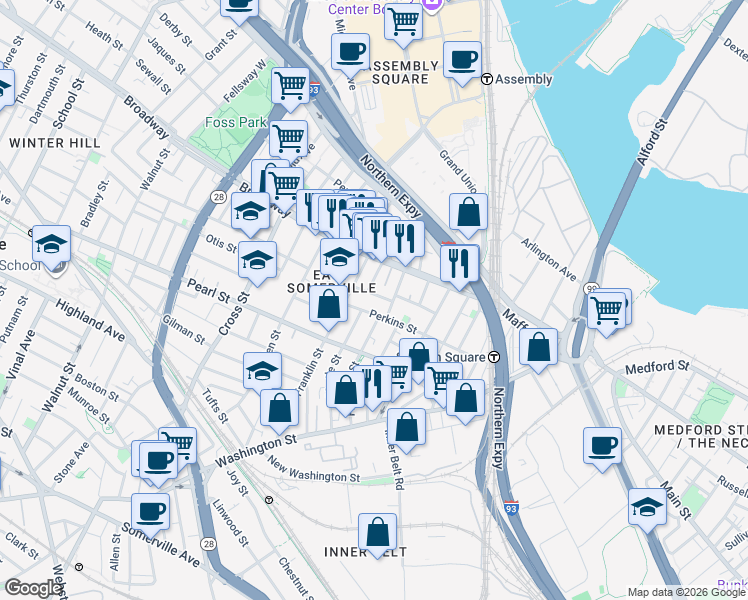 map of restaurants, bars, coffee shops, grocery stores, and more near 129 Perkins Street in Somerville