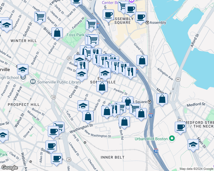 map of restaurants, bars, coffee shops, grocery stores, and more near 22 Franklin Street in Somerville