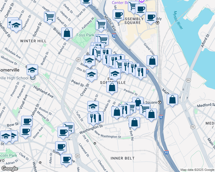map of restaurants, bars, coffee shops, grocery stores, and more near 16 Webster Street in Somerville