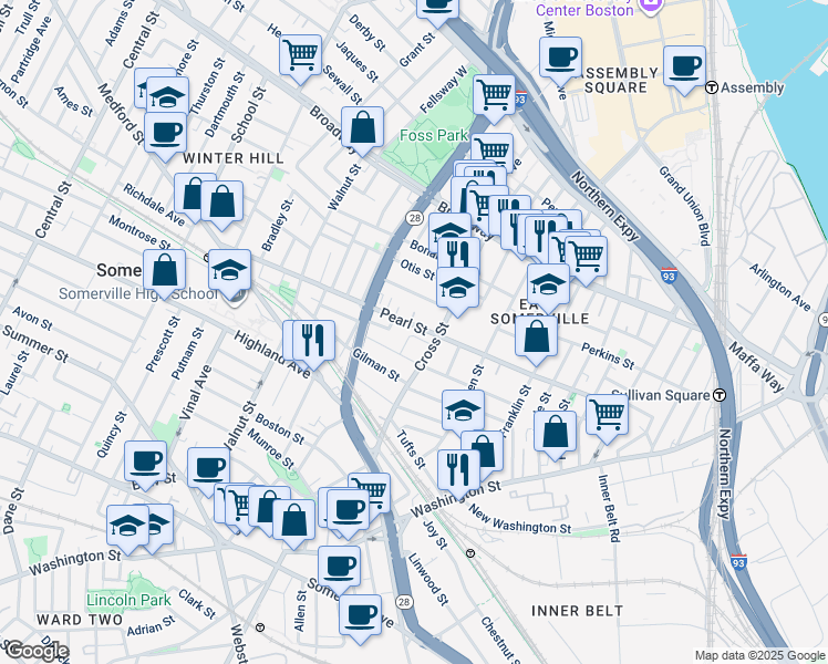 map of restaurants, bars, coffee shops, grocery stores, and more near 83 Flint Street in Somerville